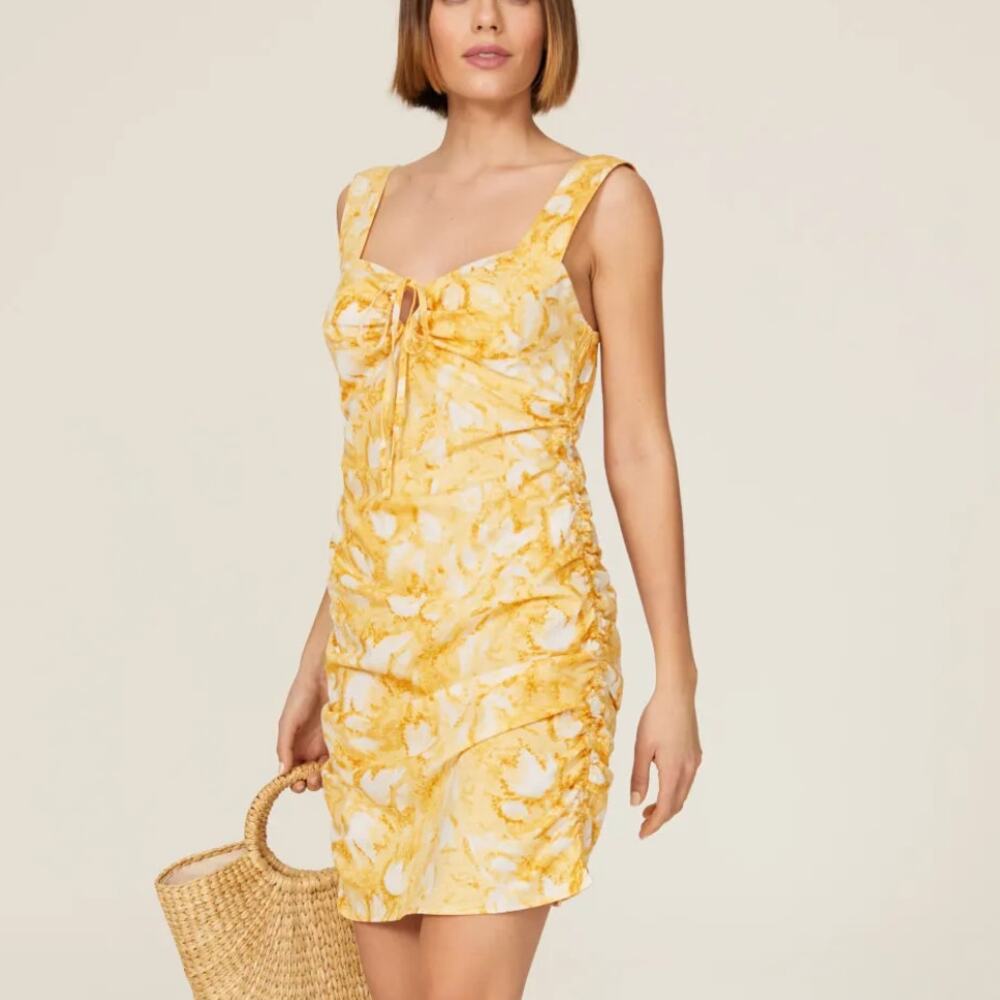 Louna Yellow Floral Ruched Mini Slip Dress XS Cotton Vacation Designer $200